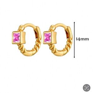 NEW gold mini hoop earrings with pink gemstone